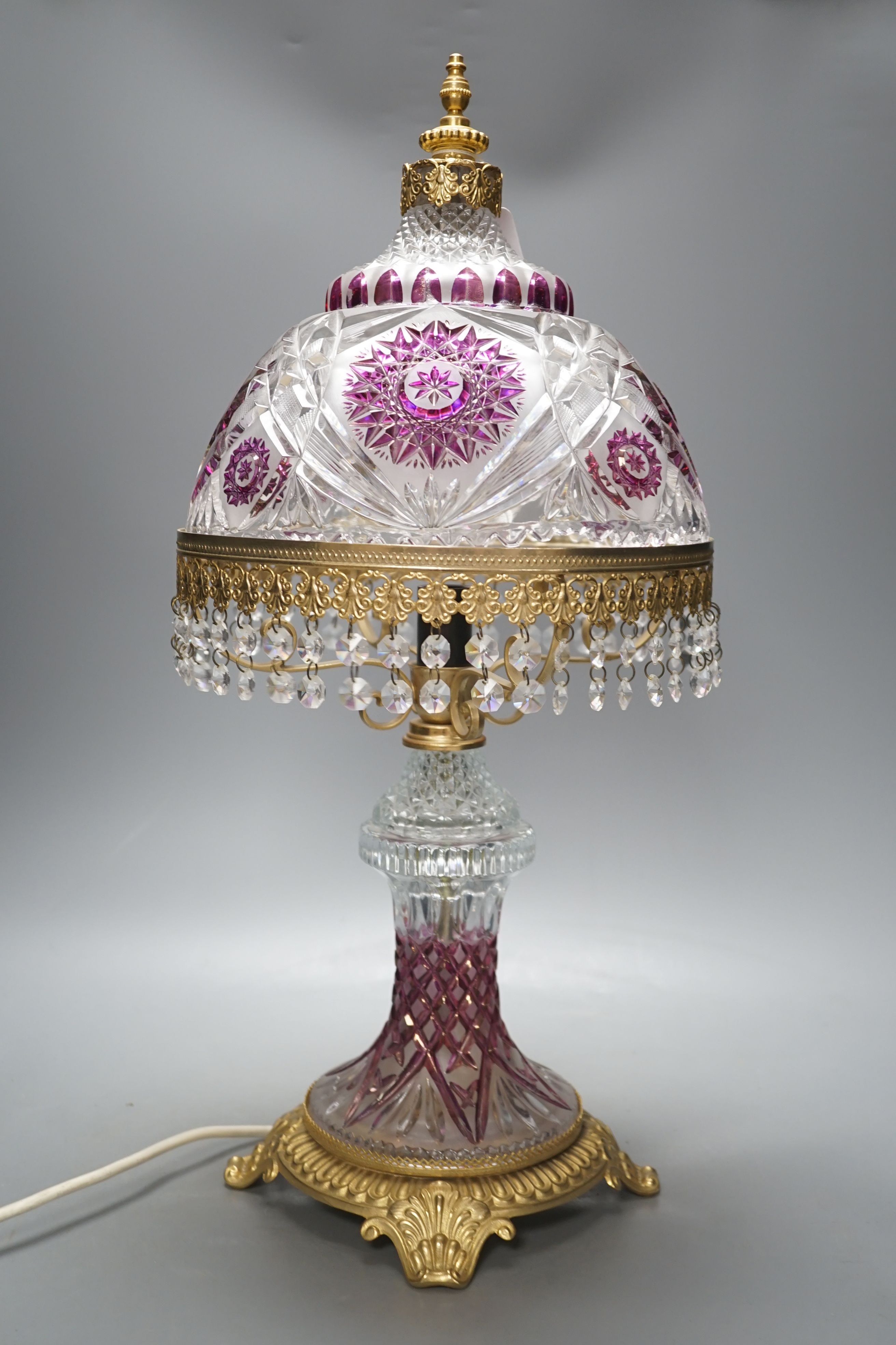 An Italian cut clear, frosted and amethyst glass table lamp with gilt metal mounts-57 cms high.